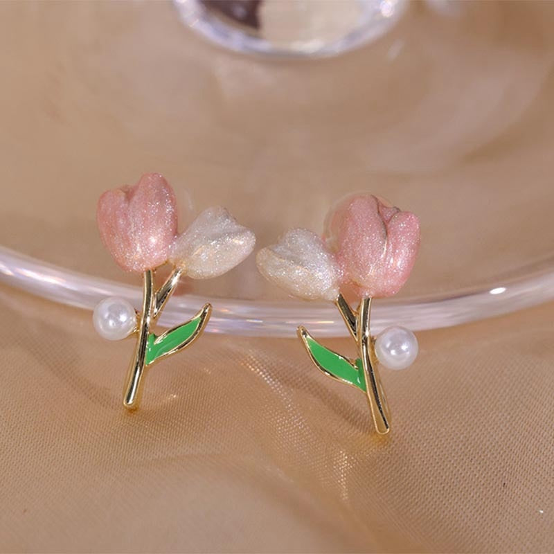 Tulip Flower Pearl Stud Earrings Zircon Jewelry Gift