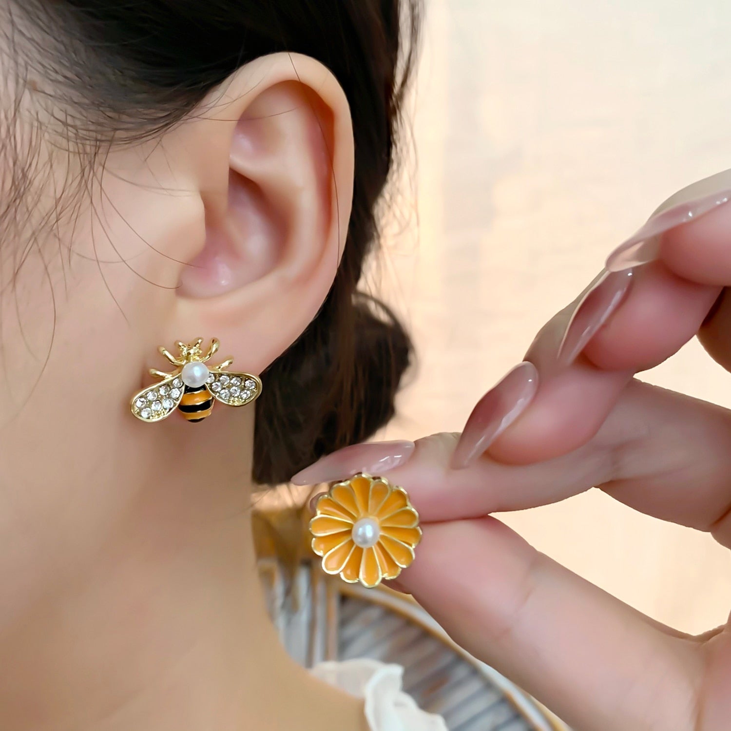 Tulip Flower Pearl Stud Earrings Zircon Jewelry Gift