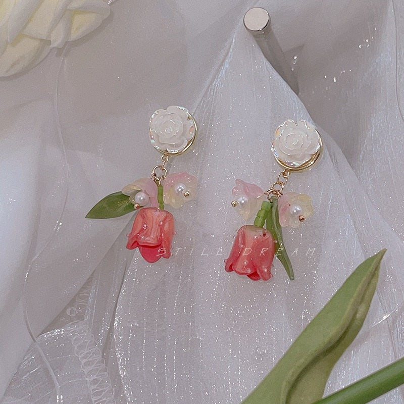 Tulip Flower Pearl Stud Earrings Zircon Jewelry Gift