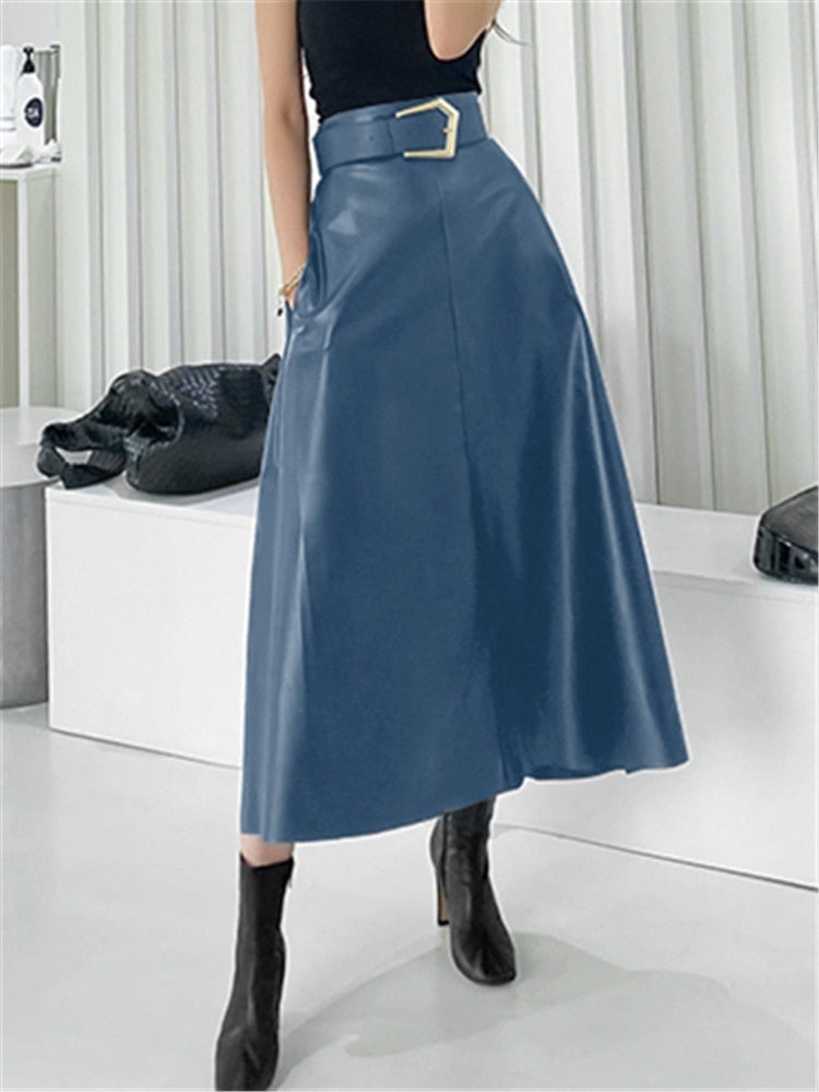 Classic Faux PU Leather Long Skirts  High Waist Fashion