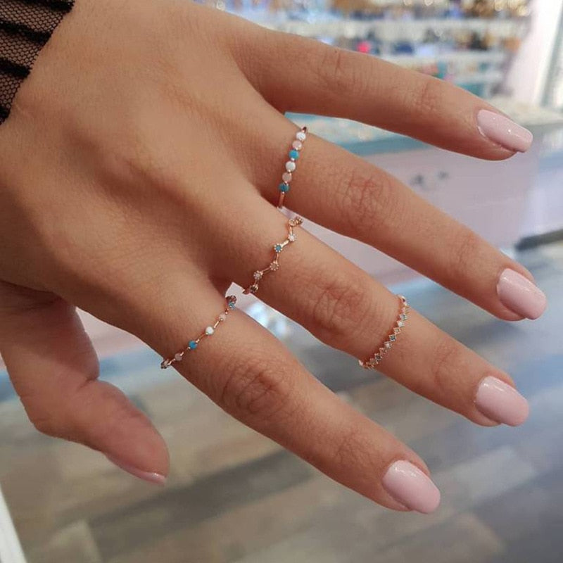 4 Pcs/Set Fashion Small Wave Colorful Round Simple Ring Set