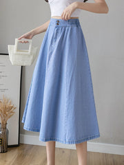 Elastic Waist Mid-length Denim Skirt Women Large Swing High Waist