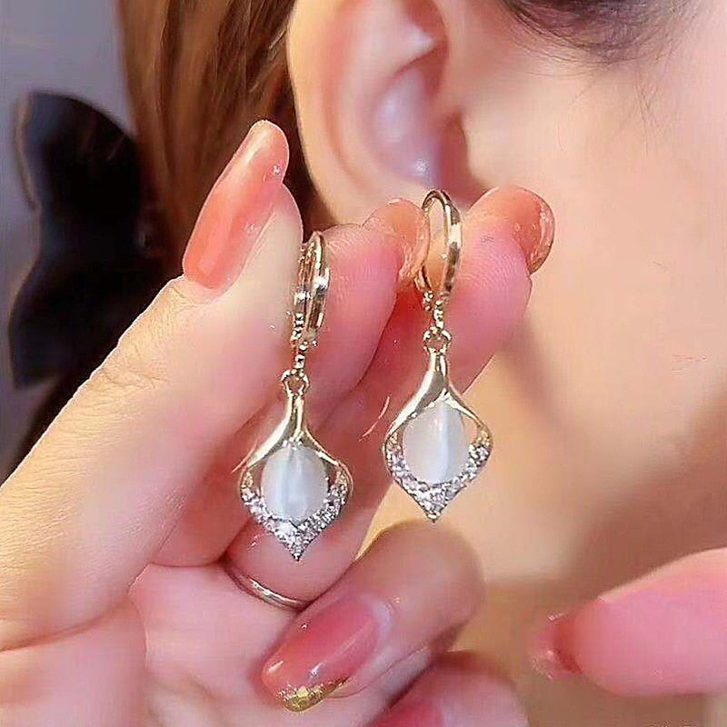 Tulip Flower Pearl Stud Earrings Zircon Jewelry Gift