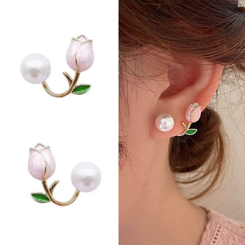 Tulip Flower Pearl Stud Earrings Zircon Jewelry Gift