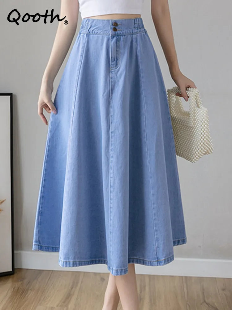 Elastic Waist Mid-length Denim Skirt Women Large Swing High Waist