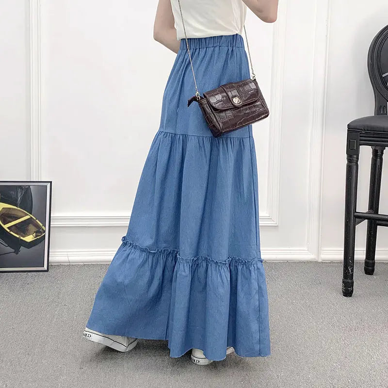 90cm Length Denim Tiered Maxi Skirt  Casual High Waisted