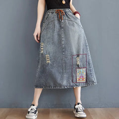 Casual Denim Skirts Drawstring Elastic Waist Streetwear Vintage