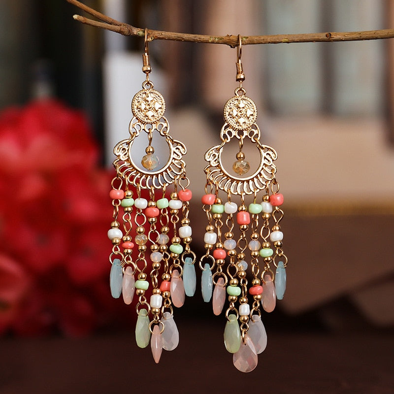 Bohemian Long Crystal Tassel Earrings Colorful