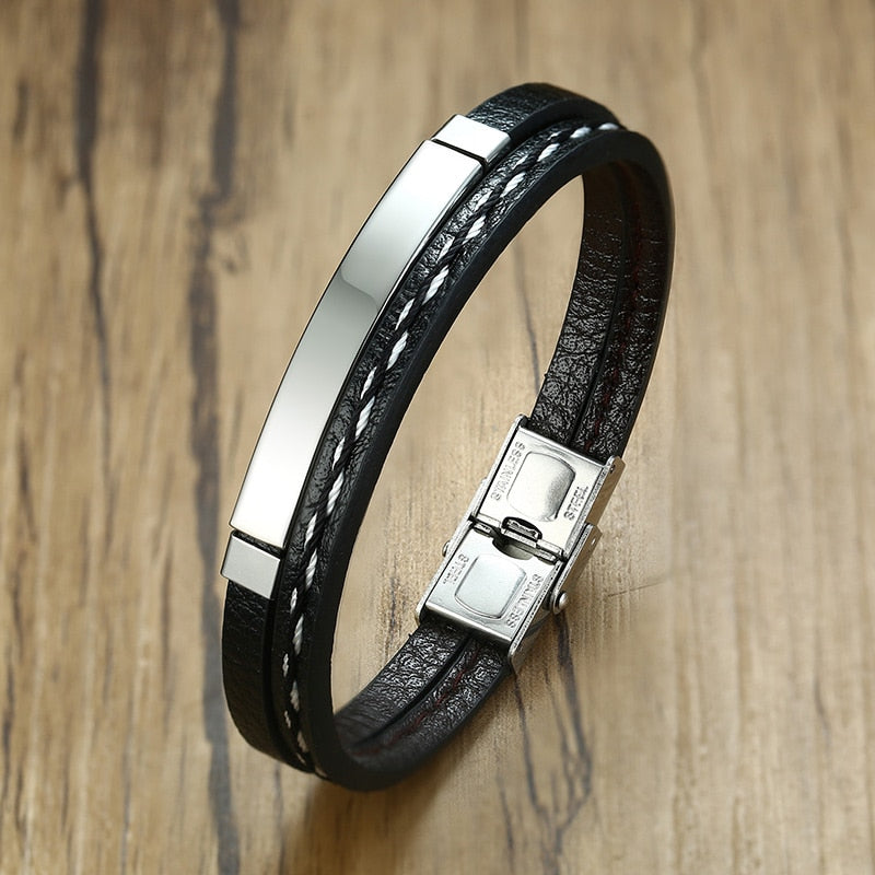 Name Leather Bracelets for Men Glossy Stainless Steel