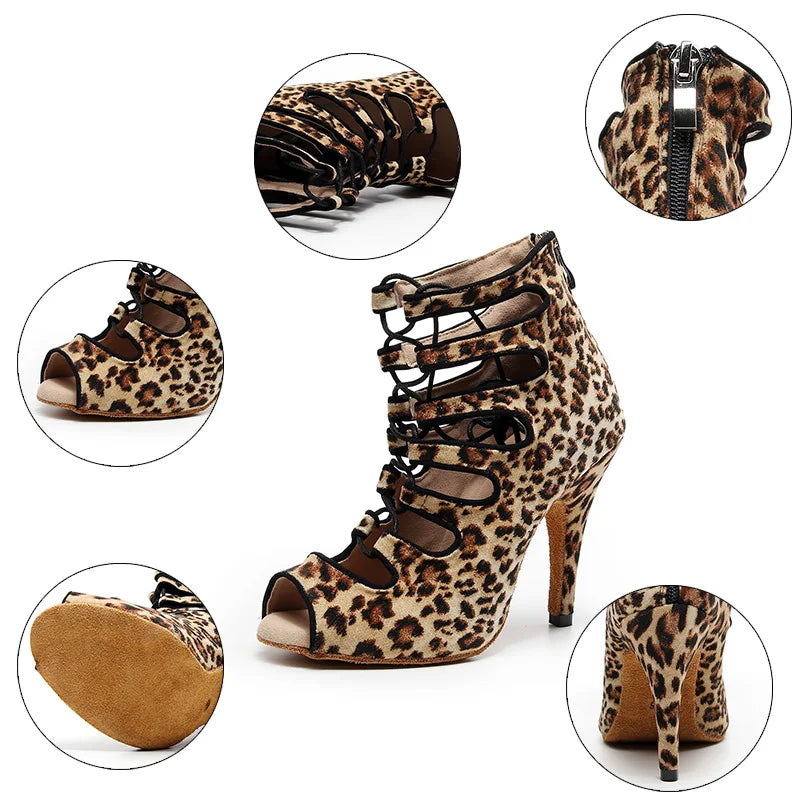 Women Latin Dance Shoes Ballroom Leopard Print Ladies Lace-Up