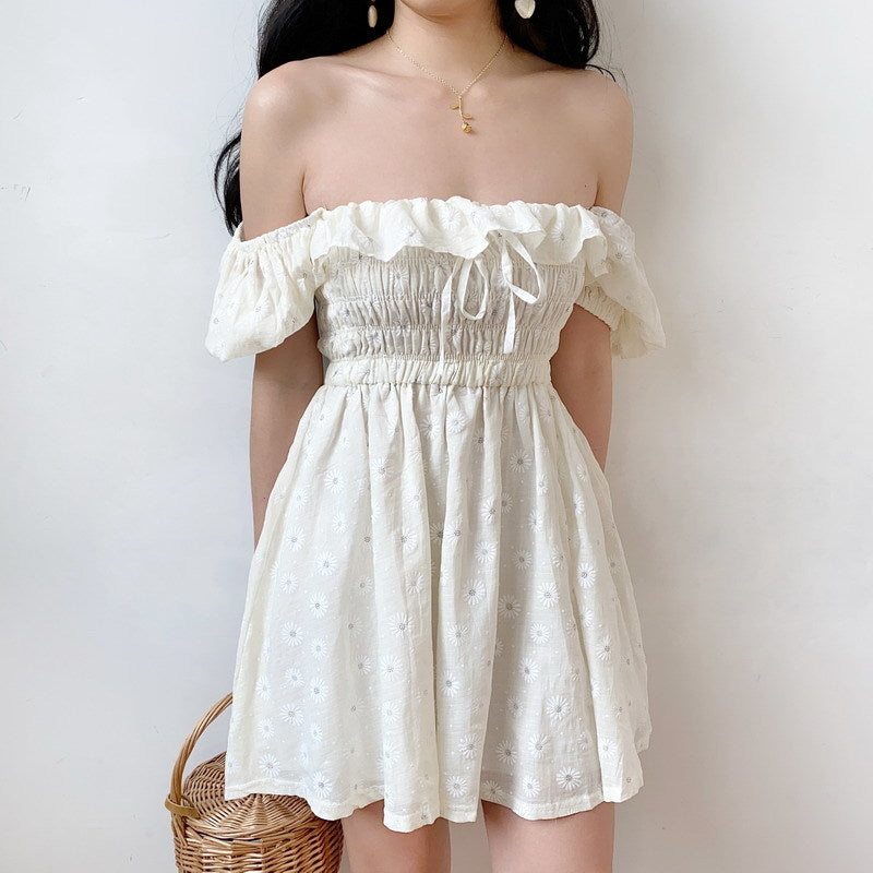 Ruffles Puffed Sleeves Dress Square Neck Bow