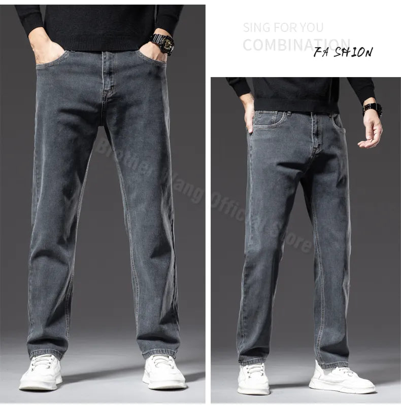 Plus Size Men's Blue Straight Loose Jeans Business Casual