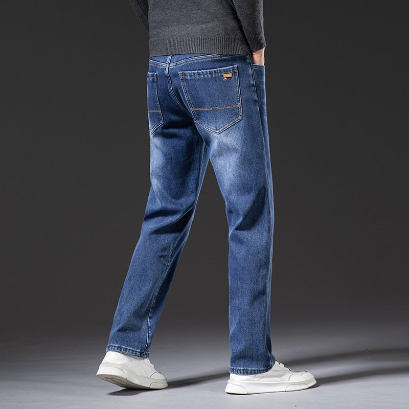 Jeans For Men Thick Fleece Loose Straight Warm Elastic Denim