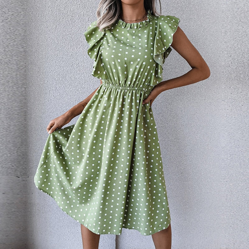 Vintage Butterfly Sleeve Ruffles Heart Dot Print Dress