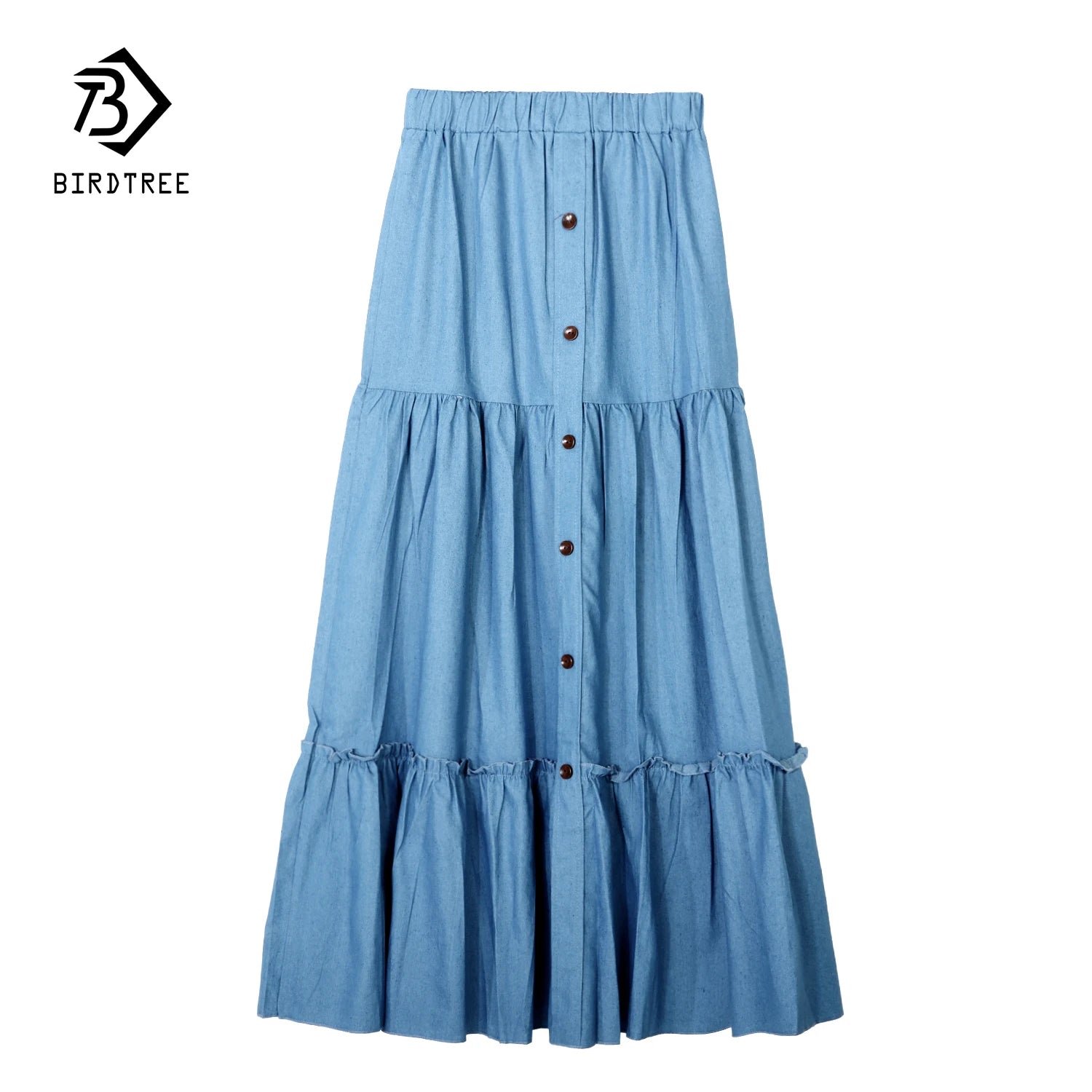 90cm Length Denim Tiered Maxi Skirt  Casual High Waisted