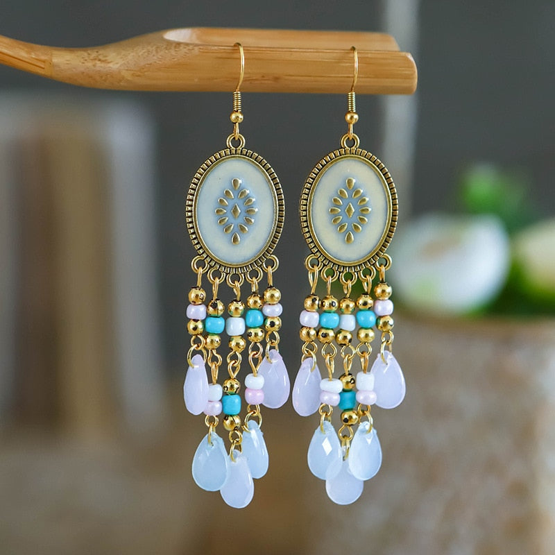 Bohemian Antique Gold Color Long Water Drop Tassel Earrings