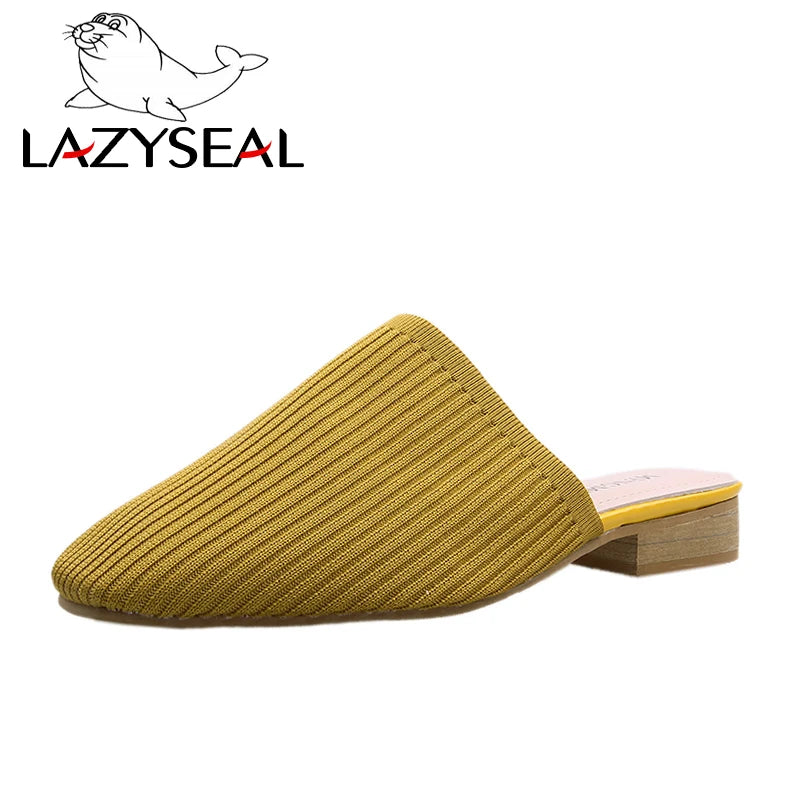 Women Mules Knit Fabric Slippers Med Chunky Heel Casual