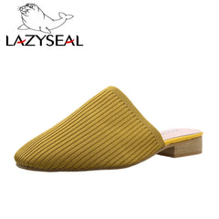 Women Mules Knit Fabric Slippers Med Chunky Heel Casual