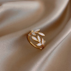 White Leaves Golden Opening Rings Woman Fashion Jewelry