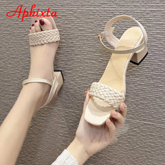 Square Heels 6.5cm Buckle Women Sandals Weave Slides Cool Open Toe