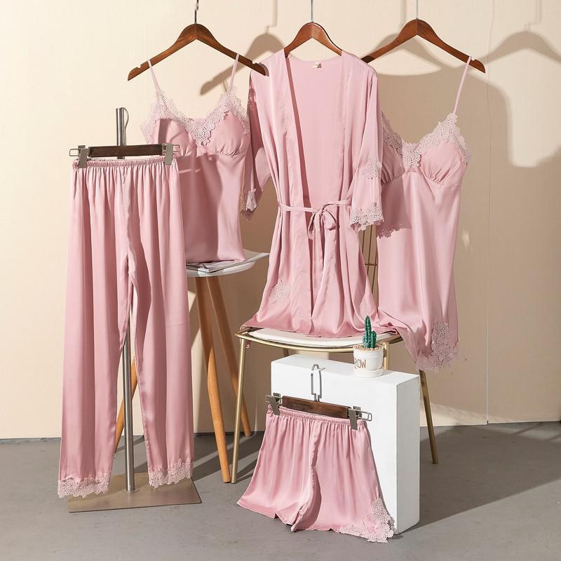 5PCS Pajamas Set Satin Lace Women Nightwear Sleep Suit