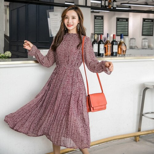 Elastic Slim Waist Chiffon Spring A-line midi Dress