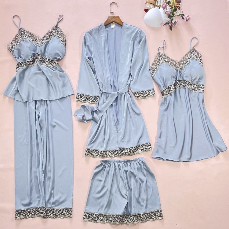 5PCS Lace Satin Robe Gown Sets Nighty Sleepwear Nightgown