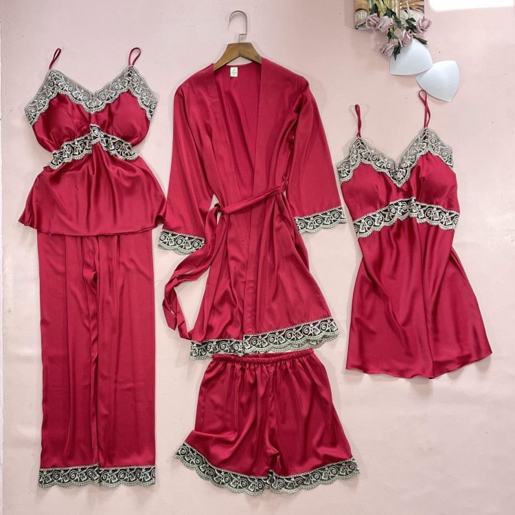 5PCS Lace Satin Robe Gown Sets Nighty Sleepwear Nightgown