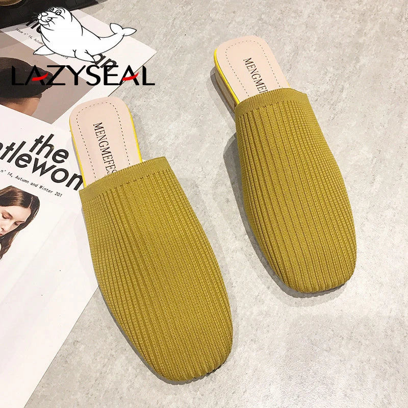 Women Mules Knit Fabric Slippers Med Chunky Heel Casual