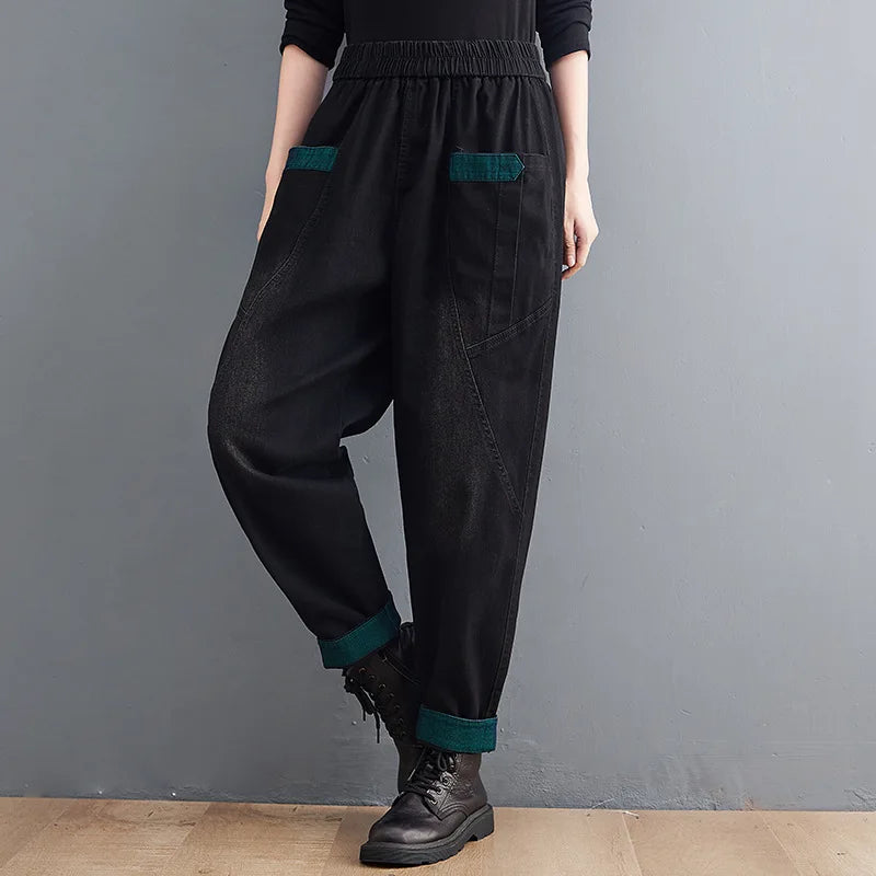 Denim Pants Fall Winter High Waist Fleece Warm Loose Casual Patchwork