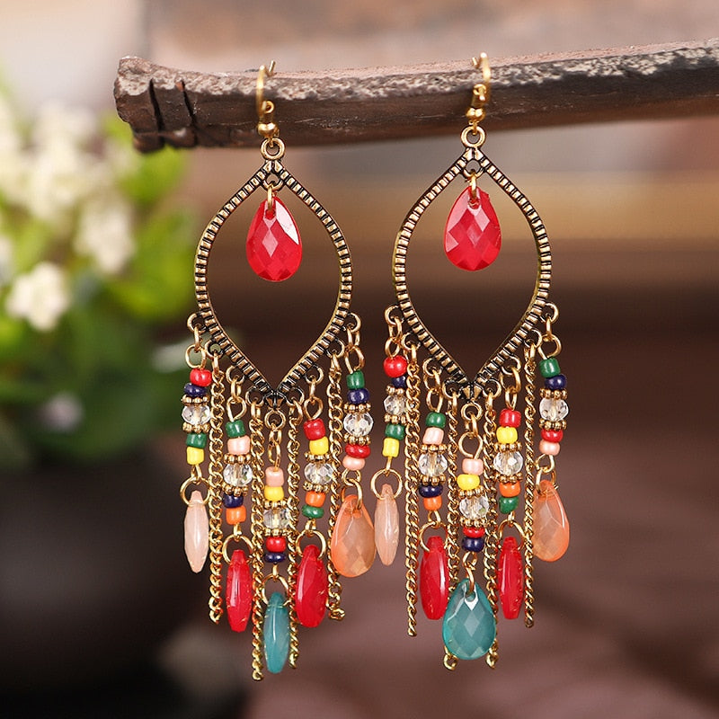 Bohemian Antique Gold Color Long Water Drop Tassel Earrings