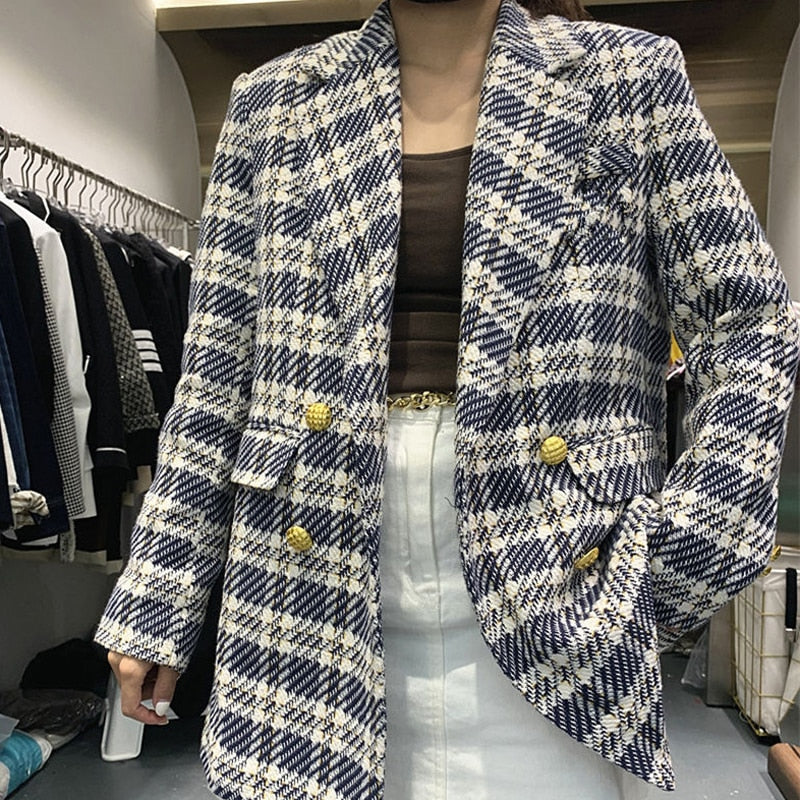 Vintage Tweed Blazer Women Double Breasted Fashion Chic Jackets