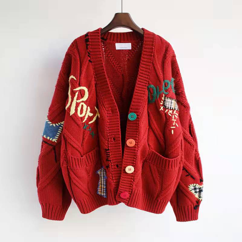 Sweater Warm Knitted Sweater Jacket Loose Pocket Embroidery