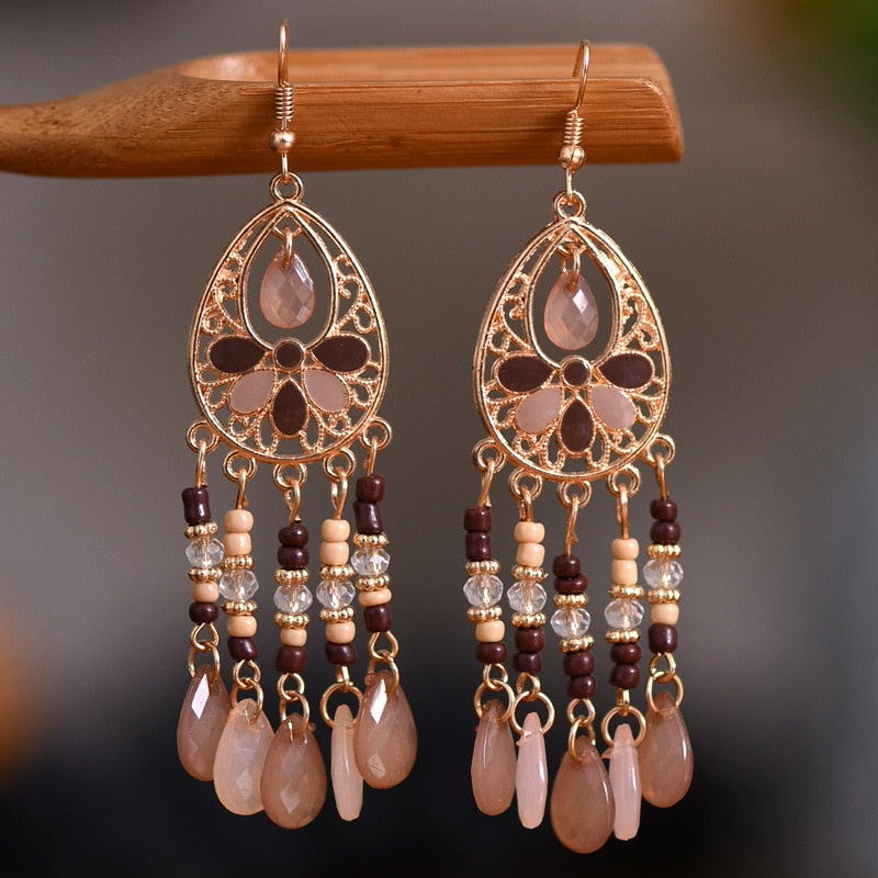 Bohemian Antique Gold Color Long Water Drop Tassel Earrings