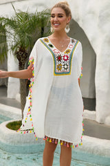 Bikini Cover Up With Fringe Trim Hollow Tunic Beach Dress