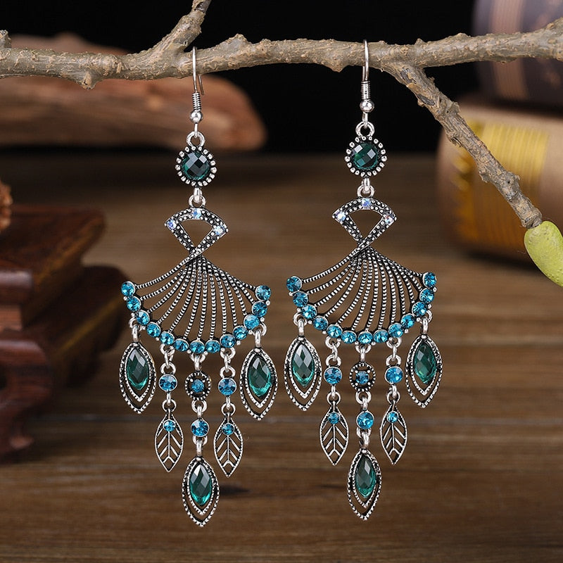 Bohemian Ethnic Long Blue Acrylic Crystal Water Drop Earrings Retro