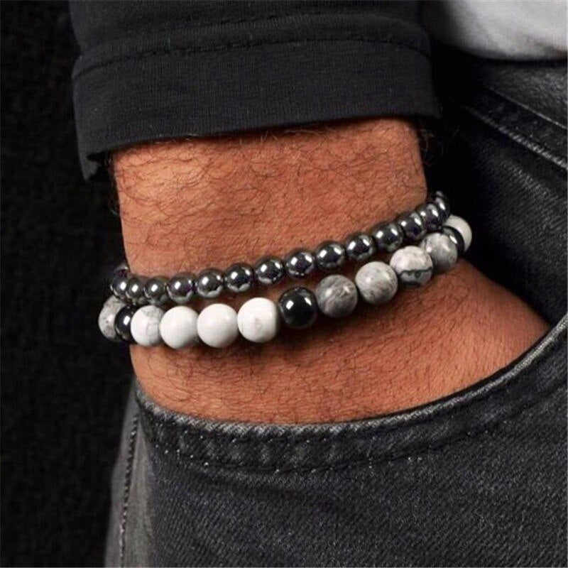 2pcs/set Fashion Men Bracelet Stainless Steel Chain Stone Bead