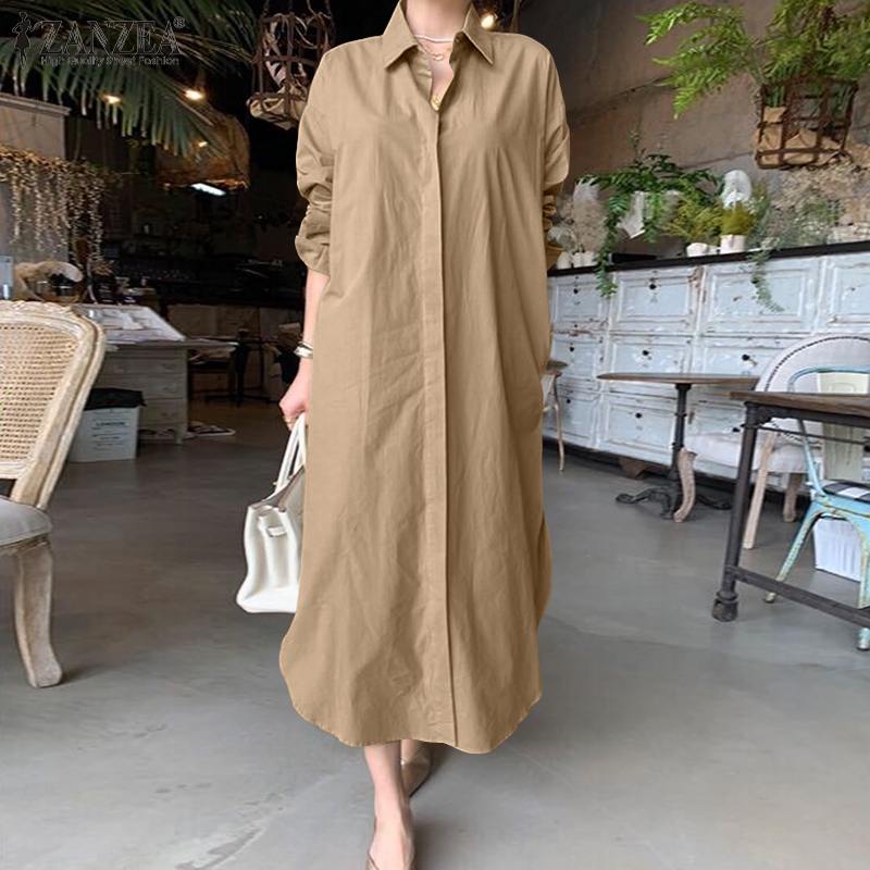 Stylish Solid Shirt Dress Casual Long Sleeve Maxi Lapel Robe Oversized