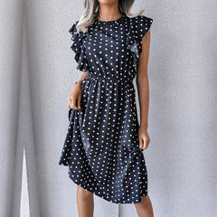 Vintage Butterfly Sleeve Ruffles Heart Dot Print Dress