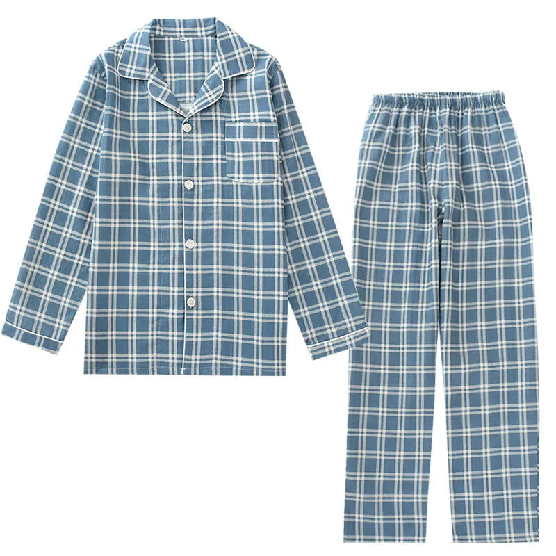 pajamas long-sleeved trousers cotton double gauze lattice large size