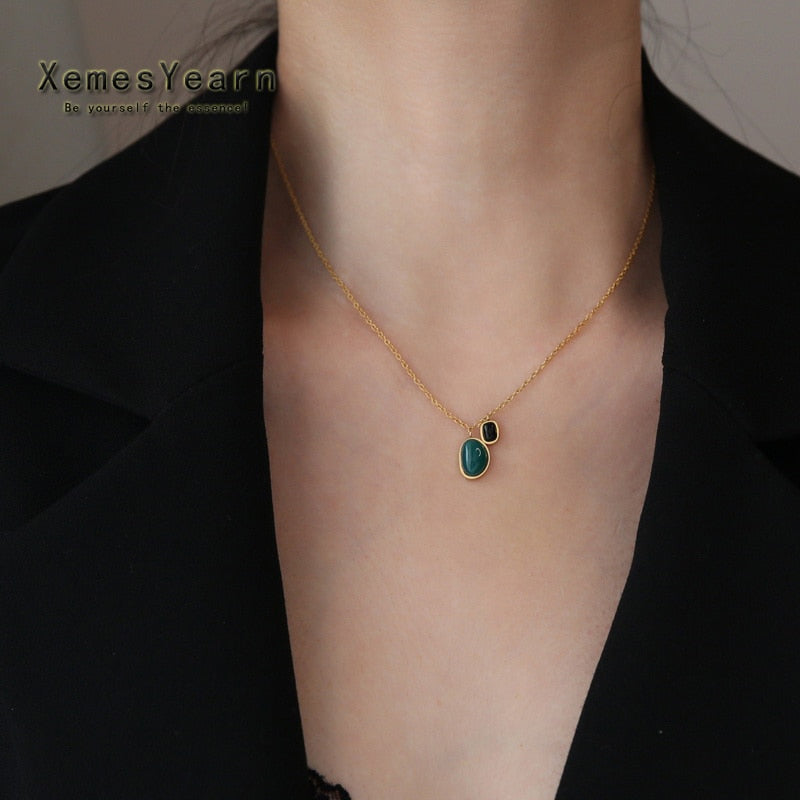 Green Imitation Stone Pendant Stainless steel Necklace