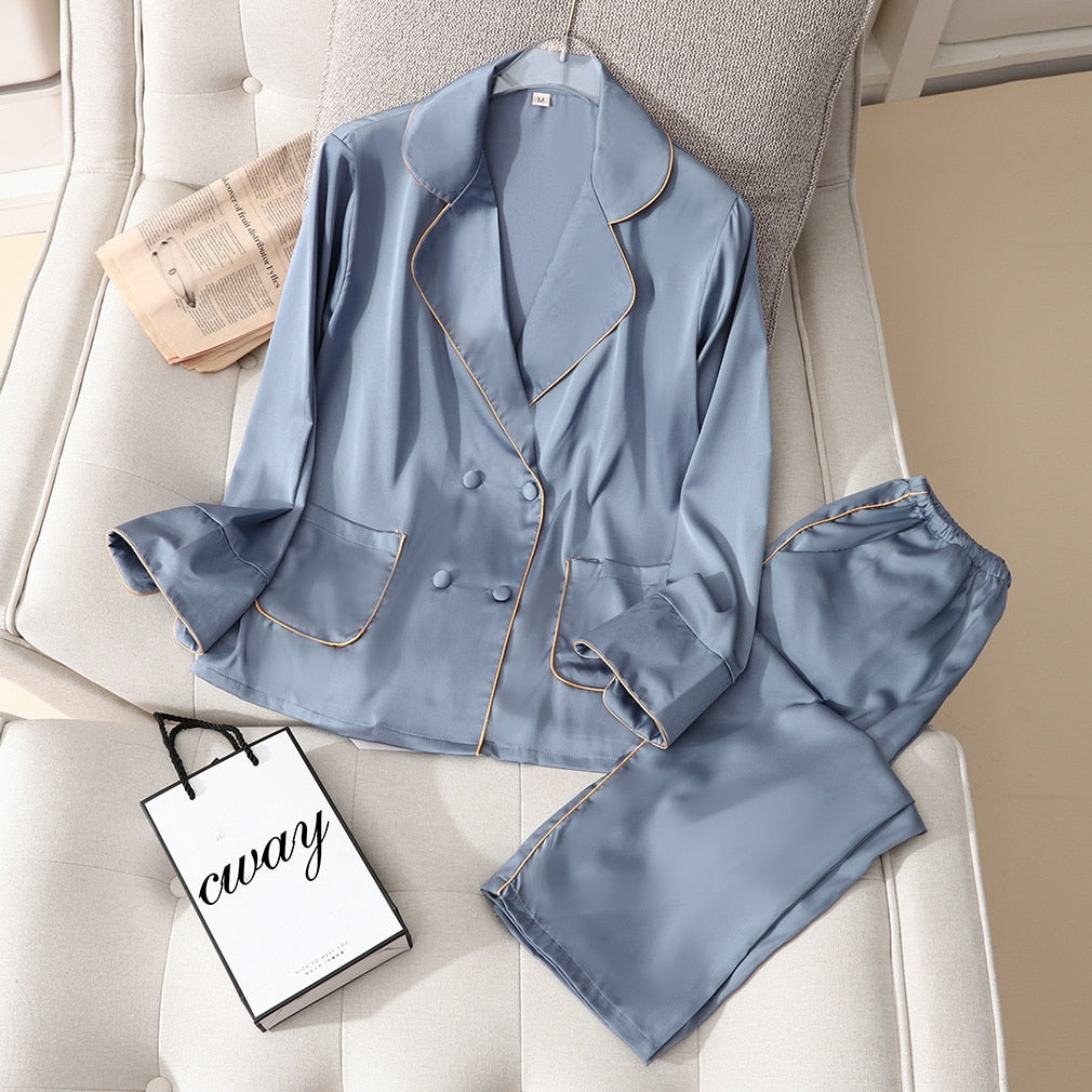 2 Piece Spring Women Sleepwear Ice Silk Satin Pajamas Set