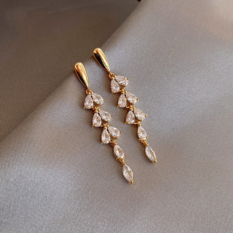 Shiny Zircon Tassel Leaf Shape Gold Color Earrings