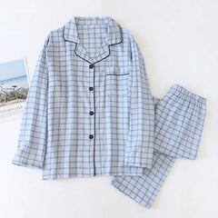 cotton lapel long-sleeved trousers simple plaid home pajama set