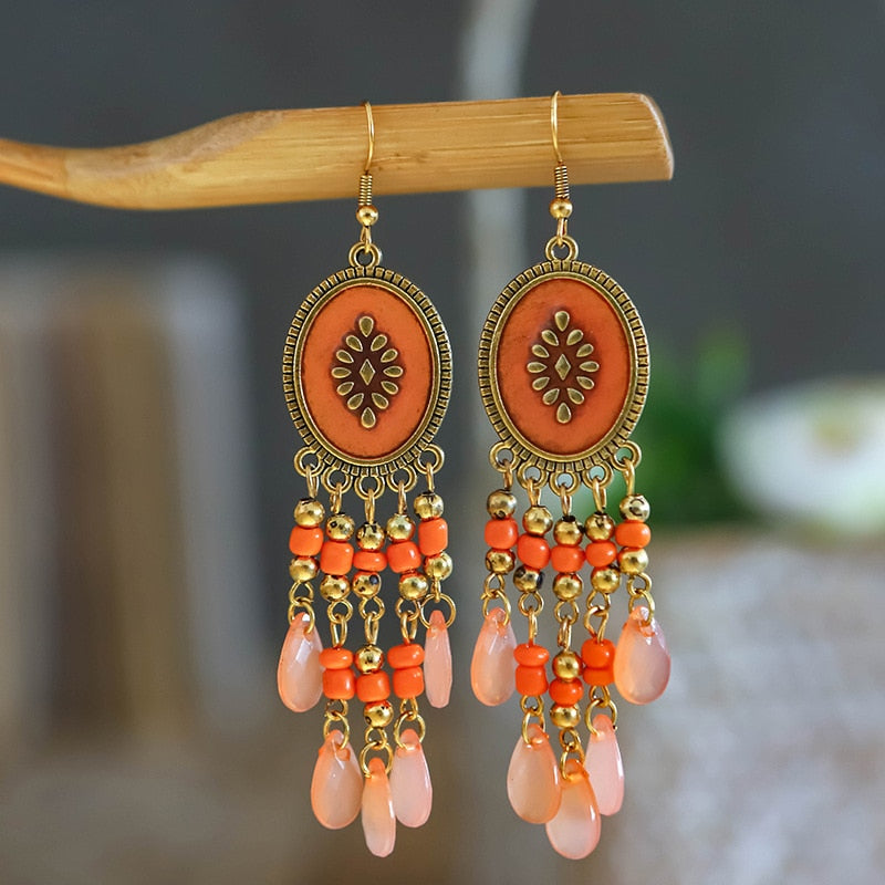 Bohemian Antique Gold Color Long Water Drop Tassel Earrings