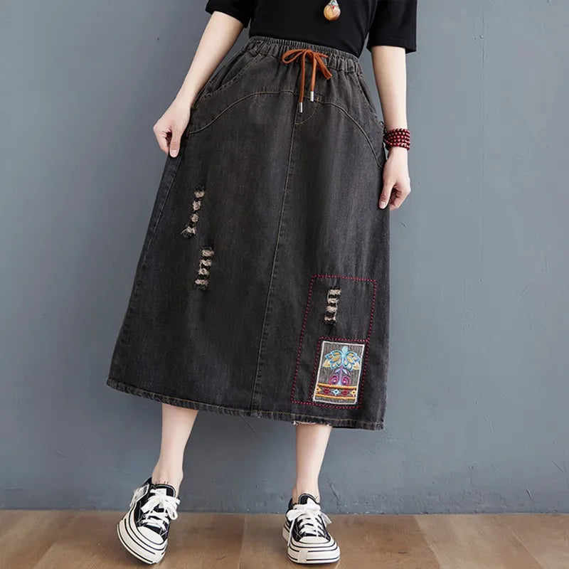 Casual Denim Skirts Drawstring Elastic Waist Streetwear Vintage