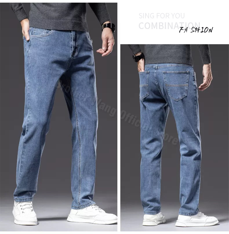 Plus Size Men's Blue Straight Loose Jeans Business Casual