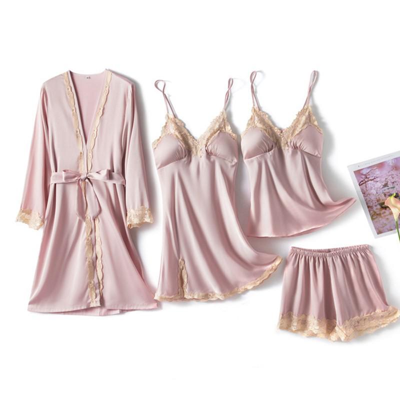 5PCS Lady Pajamas Sets Lace Sleepwear Sleep Suit Satin