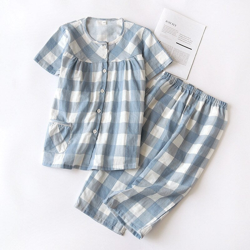 plaid pajamas ladies thin section short-sleeved cropped trousers