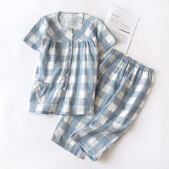 plaid pajamas ladies thin section short-sleeved cropped trousers